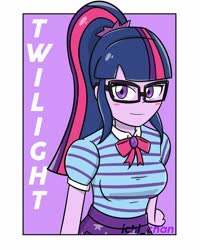 Size: 1080x1350 | Tagged: safe, artist:ichi_chan.comic, sci-twi, twilight sparkle, equestria girls, equestria girls series, g4, blushing, bow, clothes, female, geode of telekinesis, glasses, magical geodes, ponytail, purple background, purple eyes, purple skin, simple background, skirt, solo, watermark