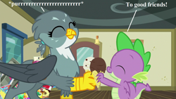 Size: 1280x720 | Tagged: safe, edit, edited screencap, editor:korora, screencap, gabby, spike, griffon, dragon dropped, g4, behaving like a cat, catbird, cute, food, gabbybetes, griffons doing cat things, ice cream, purring, spikabetes, talking