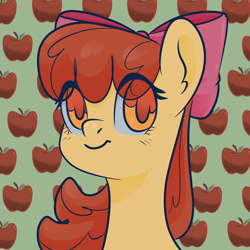 Size: 3600x3600 | Tagged: safe, artist:donut-joe, artist:ponyjoe, apple bloom, earth pony, pony, g4, apple, bust, eye clipping through hair, female, filly, food, high res, portrait, solo