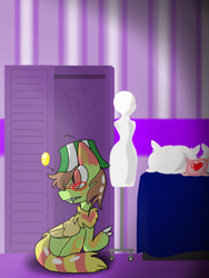 Size: 960x1280 | Tagged: safe, artist:majesticstar65, oc, oc only, oc:ferb fletcher, pegasus, pony, bedroom, bucket hat, clothes, cosplay, costume, furry, hat, shocked expression, solo, wardrobe