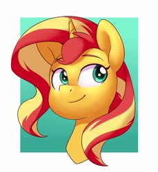 Size: 1574x1718 | Tagged: safe, artist:ayvie-art, sunset shimmer, pony, unicorn, g4, abstract background, bust, cute, female, mare, portrait, shimmerbetes, solo