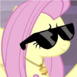Size: 635x635 | Tagged: safe, edit, edited screencap, screencap, fluttershy, pegasus, pony, g4, teacher of the month (episode), spoiler:interseason shorts, cropped, deal with it, female, lowres, mare, pink hair, pink mane, shrug, smiling, solo, sunglasses, yellow coat, yellow fur, yellow pony