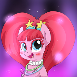 Size: 800x800 | Tagged: safe, artist:dendollae, pacific glow, earth pony, pony, g4, abstract background, blushing, bust, cute, female, glowbetes, hair tie, jewelry, looking at you, mare, necklace, open mouth, open smile, pacifier, pigtails, portrait, smiling, solo