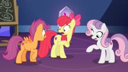 Size: 1280x720 | Tagged: safe, screencap, apple bloom, scootaloo, sweetie belle, earth pony, pegasus, pony, unicorn, g4, growing up is hard to do, chalkboard, cutie mark crusaders, female, flower, horn, looking at each other, looking at self, looking at someone, looking down, mare, older, older apple bloom, older cmc, older scootaloo, older sweetie belle, twilight's castle, wishing flower