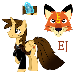 Size: 4524x4310 | Tagged: safe, alternate version, artist:ejlightning007arts, oc, oc only, oc:ej, alicorn, fox, pony, alicorn oc, base used, clothes, cutie mark, glowing horn, horn, jacket, magic, male, raised hoof, shirt, simple background, smiling, solo, stallion, transparent background, vector, wings