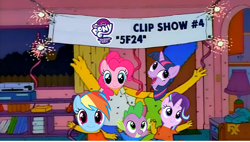 Size: 1704x968 | Tagged: safe, pinkie pie, rainbow dash, spike, starlight glimmer, twilight sparkle, cakes for the memories, g4, spoiler:cakes for the memories, spoiler:mlp friendship is forever, all singing all dancing, clip show, female, group, male, the simpsons
