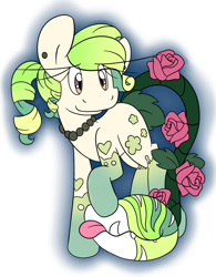 Size: 2164x2771 | Tagged: safe, artist:rosexknight, monster pony, original species, piranha plant pony, plant pony, augmented tail, ears, ears up, fangs, female, flower, high res, jewelry, mane, necklace, pearl necklace, plant, raised hoof, rose, simple background, smiling, tongue out, white background