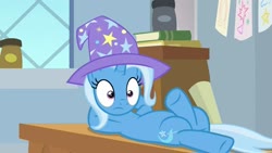 Size: 1280x720 | Tagged: safe, screencap, trixie, pony, unicorn, a horse shoe-in, g4, clothes, crossed hooves, crossed legs, cute, female, frown, hat, hooves behind head, lying down, mare, reclining, shrunken pupils, solo, trixie's hat, vice headmare trixie, wide eyes