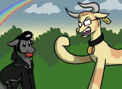 Size: 1024x749 | Tagged: safe, artist:katputze, oc, oc only, oc:sketchy, cow, earth pony, pony, angry, apple, bell, bush, clothes, cloud, cow oc, cowbell, digital art, ear tag, food, horn, jacket, leather jacket, male, mouth hold, rainbow, silly, silly pony, sky, stallion