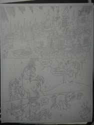 Size: 1944x2592 | Tagged: safe, artist:princebluemoon3, oc, earth pony, pegasus, pony, unicorn, comic:the chaos within us, background pony, black and white, camera, canterlot, chaos, clothes, comic, commissioner:bigonionbean, confused, confusion, dialogue, drawing, dream, female, filly, floating, grayscale, hat, loud, macro, magic, monochrome, night, nightmare, panicking, random pony, traditional art, writer:bigonionbean