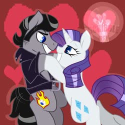 Size: 894x894 | Tagged: safe, artist:scribblerex, rarity, oc, oc:sketchy, earth pony, pony, unicorn, g4, art trade, canon x oc, clothes, cutie mark, digital art, female, horn, jacket, leather jacket, looking at each other, male, mare, smiling, stallion, tail