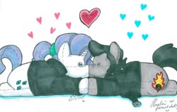 Size: 1024x649 | Tagged: safe, artist:electricpoodle, rarity, oc, oc:sketchy, earth pony, pony, unicorn, g4, beanie (plushie), boop, canon x oc, clothes, cutie mark, horn, jacket, leather, leather jacket, looking at each other, noseboop, plushie, simple background, traditional art, white background