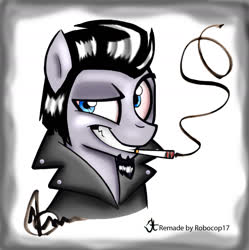 Size: 1024x1030 | Tagged: safe, artist:robocop17, artist:sibsy, color edit, edit, oc, oc only, oc:sketchy, earth pony, pony, 2014, cigarette, clothes, colored, digital art, dreamworks face, jacket, leather jacket, male, smiling, smoking, solo, stallion