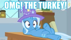 Size: 888x499 | Tagged: safe, edit, edited screencap, screencap, trixie, pony, unicorn, a horse shoe-in, g4, belly, caption, female, horn, image macro, implied food, meme, solo, text