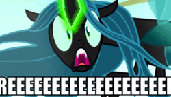 Size: 520x293 | Tagged: safe, artist:dwk, edit, edited screencap, screencap, queen chrysalis, changeling, changeling queen, totally legit recap, g4, to where and back again, animated, caption, eeee, female, gif, gif with captions, meme, reeee, solo, vibrating