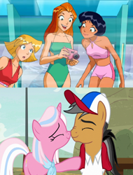 Size: 1024x1344 | Tagged: safe, anonymous editor, artist:uranimated18, edit, edited screencap, screencap, clear sky, quibble pants, earth pony, human, pony, unicorn, common ground, g4, alex (totally spies), bare shoulders, bikini, clothes, clover (totally spies), eyes closed, female, hat, male, mare, meme, midriff, nuzzling, one-piece swimsuit, sam (totally spies), sleeveless, stallion, swimsuit, tankini, totally spies, wrong aspect ratio