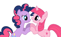 Size: 1280x766 | Tagged: safe, artist:rozyfly10, pinkie pie, twilight sparkle, earth pony, pony, unicorn, feeling pinkie keen, g4, duo, eye contact, female, hooves together, looking at each other, mare, palette swap, recolor, simple background, smiling, transparent background, unicorn twilight, vector