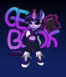 Size: 2296x2685 | Tagged: safe, artist:vultraz, twilight sparkle, pony, unicorn, semi-anthro, g4, arm hooves, bipedal, book, clothes, female, graffiti, high res, magic, magical telekinesis, mc hammer, purple fur, shoes, shorts, sneakers, solo, standing, text, tomboy, varsity jacket