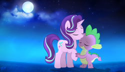 Size: 1324x768 | Tagged: safe, artist:pinkamenascratch, spike, starlight glimmer, dragon, pony, unicorn, g4, cloud, commission, eyes closed, female, male, mare, moon, night, raised hoof, ship:sparlight, shipping, smiling, stars, straight