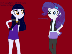 Size: 561x421 | Tagged: safe, artist:furrydiva, rarity, oc, oc:serendipity, equestria girls, g4, alternate clothes, base used, raritydash, text