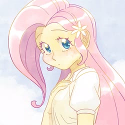 Size: 2048x2048 | Tagged: dead source, safe, artist:chapaghettii, fluttershy, equestria girls, g4, blouse, bust, cloud, cute, female, flower, flower in hair, high res, looking at you, shyabetes, sky, solo