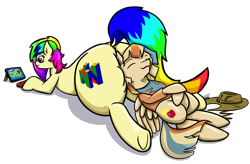 Size: 1280x840 | Tagged: safe, artist:khaki-cap, oc, oc only, oc:rainbow tashie, oc:spicy cider, earth pony, pegasus, pony, butt pillow, clothes, commission, commissioner:bigonionbean, controller, cutie mark, earth pony oc, extra thicc, flank, fusion, fusion:braeburn, fusion:wind waker, huge butt, joycon, large butt, nintendo 64, nintendo switch, pegasus oc, simple background, sleeping, the ass was fat, transparent background, underhoof, wings, writer:bigonionbean, ych result