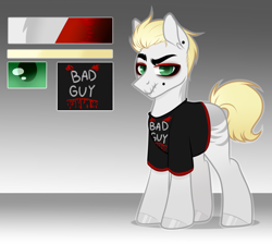 Size: 3800x3400 | Tagged: safe, artist:kannakiller, oc, oc only, hybrid, pony, zony, adoptable, blank flank, clothes, dreamworks face, ear piercing, gradient background, high res, makeup, male, piercing, shirt, solo, stallion, t-shirt