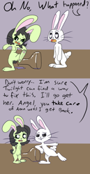 Size: 728x1414 | Tagged: safe, artist:happy harvey, angel bunny, oc, oc:anon, oc:filly anon, rabbit, g4, angry, anon bunny, bunnified, bunny ears, chest fluff, comic, dialogue, female, filly, heart eyes, imminent sex, implied fluttershy, implied twilight sparkle, in love, offscreen character, open mouth, phone drawing, potion, species swap, this will end in snu snu, transformation, transgender transformation, wingding eyes