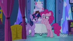 Size: 1920x1080 | Tagged: safe, screencap, pinkie pie, twilight sparkle, alicorn, earth pony, pony, cakes for the memories, g4, my little pony: friendship is forever, 9go, animated, bed, bipedal, cake, crying, cute, eyes closed, female, food, happy, hooves on cheeks, hug, looking at each other, nervous smile, smiling, sound, squishy cheeks, talking, tears of joy, twilight sparkle (alicorn), twilight's castle, webm, wings