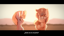 Size: 1920x1080 | Tagged: safe, artist:triplesevens, oc, oc only, oc:nootaz, oc:short fuse, pony, unicorn, black bars, desert, drawing, duo, face paint, holding, letterboxing, mountain, outdoors, skull, spanish, sunset, text