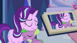 Size: 1280x720 | Tagged: safe, edit, edited screencap, screencap, pinkie pie, spike, starlight glimmer, dragon, pony, unicorn, cakes for the memories, g4, spoiler:cakes for the memories, spoiler:mlp friendship is forever, book, cute, female, glimmerbetes, male, mare, spikabetes, tired, winged spike, wings