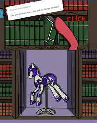 Size: 1200x1516 | Tagged: safe, artist:lucandreus, oc, oc only, oc:pun, pony, ask pun, armor, ask, book, bookshelf, hooves, mannequin, night guard armor, solo