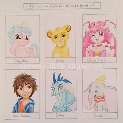 Size: 1041x1042 | Tagged: safe, artist:mmy_little_drawings, cozy glow, princess ember, big cat, dragon, elephant, human, lion, pegasus, pony, g4, :d, big hero 6, clothes, crossed arms, crossover, cub, cure happy, dragoness, dumbo, female, filly, glitter force, glitter lucky, hat, hiro hamada, male, one eye closed, raised hoof, simba, six fanarts, smile precure, smiling, the lion king, traditional art, wink