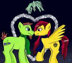 Size: 2000x1742 | Tagged: safe, oc, oc only, earth pony, pegasus, pony, boop, christmas card, couple, love
