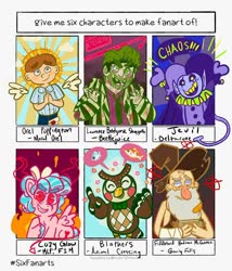 Size: 1080x1259 | Tagged: safe, artist:artfuldodger2397, cozy glow, bird, fish, human, owl, pegasus, pony, g4, animal crossing, beetlejuice, blathers, clothes, crossover, deltarune, eyes closed, female, filly, gravity falls, grin, hat, jester, jevil, male, moral orel, orel puppington, six fanarts, smiling