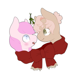 Size: 4000x4000 | Tagged: artist needed, safe, oc, oc only, oc:kayla, oc:mary jane, earth pony, pegasus, pony, blushing, boop, clothes, duo, female, hair bun, lesbian, love, mare, mistletoe, noseboop, oc x oc, scarf, shared clothing, shared scarf, shipping, simple background, transparent background