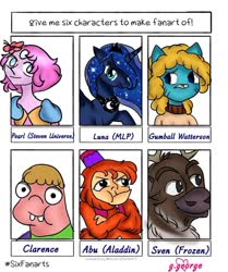 Size: 900x1075 | Tagged: safe, artist:mildred.george, princess luna, alicorn, cat, deer, gem (race), human, monkey, pony, reindeer, g4, spoiler:steven universe, abu, aladdin, crossed arms, crossover, ethereal mane, female, fez, flower, flower in hair, frozen (movie), gem, gumball watterson, hat, male, mare, pearl, pearl (steven universe), peytral, six fanarts, spoilers for another series, starry mane, steven universe, sven, the amazing world of gumball