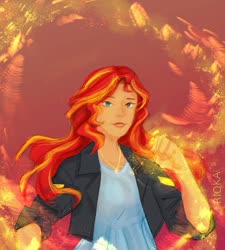 Size: 1080x1200 | Tagged: safe, alternate version, artist:rioka.vi, sunset shimmer, human, equestria girls, g4, bust, clothes, female, fiery shimmer, fire, glowing hands, humanized, jewelry, necklace, pyromancy, solo