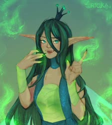 Size: 1080x1200 | Tagged: safe, alternate version, artist:rioka.vi, queen chrysalis, human, g4, clothes, dark skin, female, glowing hands, humanized, nail polish, solo