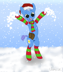 Size: 905x1024 | Tagged: artist needed, safe, oc, oc only, oc:winter roll, earth pony, pony, clothes, earth pony oc, foal, snow, snowfall, socks, solo, striped socks, sunglasses, winter, winter outfit