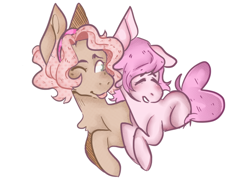 Size: 1280x924 | Tagged: safe, artist:poofindi, oc, oc only, oc:kayla, oc:mary jane, pony, chest fluff, duo, eyes closed, female, kayry, lesbian, mare, oc x oc, one eye closed, shipping, size difference, tongue out