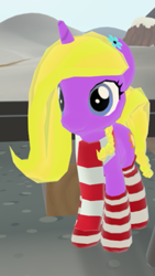Size: 347x617 | Tagged: safe, oc, oc only, pony, unicorn, legends of equestria, clothes, female, flower, flower in hair, game, game screencap, horn, scarf, socks, solo, striped socks, unicorn oc, video game, winter