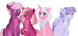 Size: 6000x2799 | Tagged: safe, artist:azure-art-wave, cheerilee, clear sky, wind sprint, oc, oc:rosemary, earth pony, pegasus, pony, unicorn, g4, absurd resolution, female, filly, magical lesbian spawn, mare, offspring, older, parent:cheerilee, parent:clear sky, simple background, transparent background