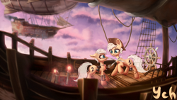 Size: 3840x2160 | Tagged: safe, artist:muggod, oc, oc only, pony, airship, cloud, female, high res, jewelry, looking at each other, mare, pirate, raised hoof, sky, steampunk, sword, sword fight, weapon, zeppelin
