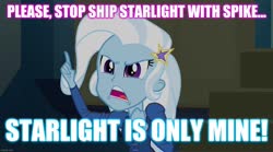 Size: 1280x714 | Tagged: safe, edit, edited screencap, screencap, trixie, equestria girls, g4, my little pony equestria girls: rainbow rocks, caption, image macro, implied sparlight, implied spike, implied starlight glimmer, meme, op is a duck, text, trixie yells at everything