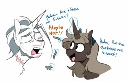Size: 1256x814 | Tagged: safe, artist:redxbacon, oc, oc only, oc:parch well, oc:silver spark, pony, unicorn, beard, crying, dialogue, facial hair, female, magic, male, mare, open mouth, pain, scar, stallion, stuttering, tears of pain, teary eyes, telekinesis