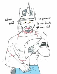 Size: 951x1237 | Tagged: safe, artist:redxbacon, oc, oc only, oc:silver spark, unicorn, anthro, clothes, male, partial nudity, scar, solo, topless, towel