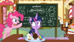 Size: 1280x720 | Tagged: safe, screencap, pinkie pie, twilight sparkle, alicorn, earth pony, pony, cakes for the memories, g4, my little pony: friendship is forever, bipedal, cake, chalkboard, chubby cheeks, cupcake, devon cody, food, rainbow cupcake, twilight sparkle (alicorn)