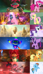 Size: 1800x3108 | Tagged: safe, edit, edited screencap, screencap, applejack, fluttershy, pinkie pie, rainbow dash, rarity, twilight sparkle, alicorn, pony, a dog and pony show, fall weather friends, g4, stare master, the ticket master, three's a crowd, twilight's kingdom, branch (trolls), classical, country, cropped, delta dawn, dickory, funk, guitar, hickory, king quincy, king trollex, mane six, music genres, musical instrument, pop, poppy help springwater, queen barb, queen essence, rock (music), scroll, techno, trolls, trolls world tour, trollzart, twilight sparkle (alicorn)