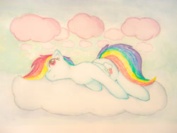 Size: 4032x3024 | Tagged: safe, artist:papersurgery, rainbow dash, pegasus, pony, g4, apathy, backwards cutie mark, bored, cloud, female, looking up, lying down, mare, solo, traditional art, watercolor painting